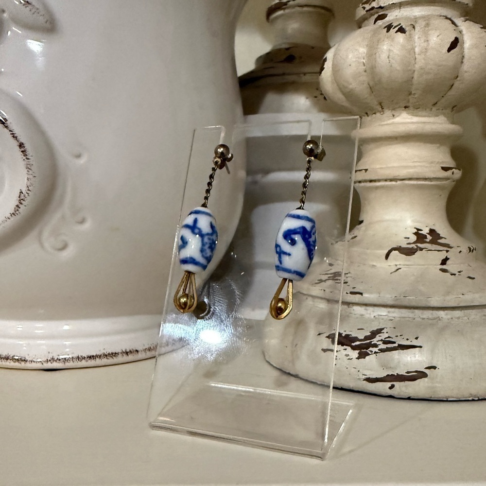 Vintage Blue and White Porcelain Drop Earrings